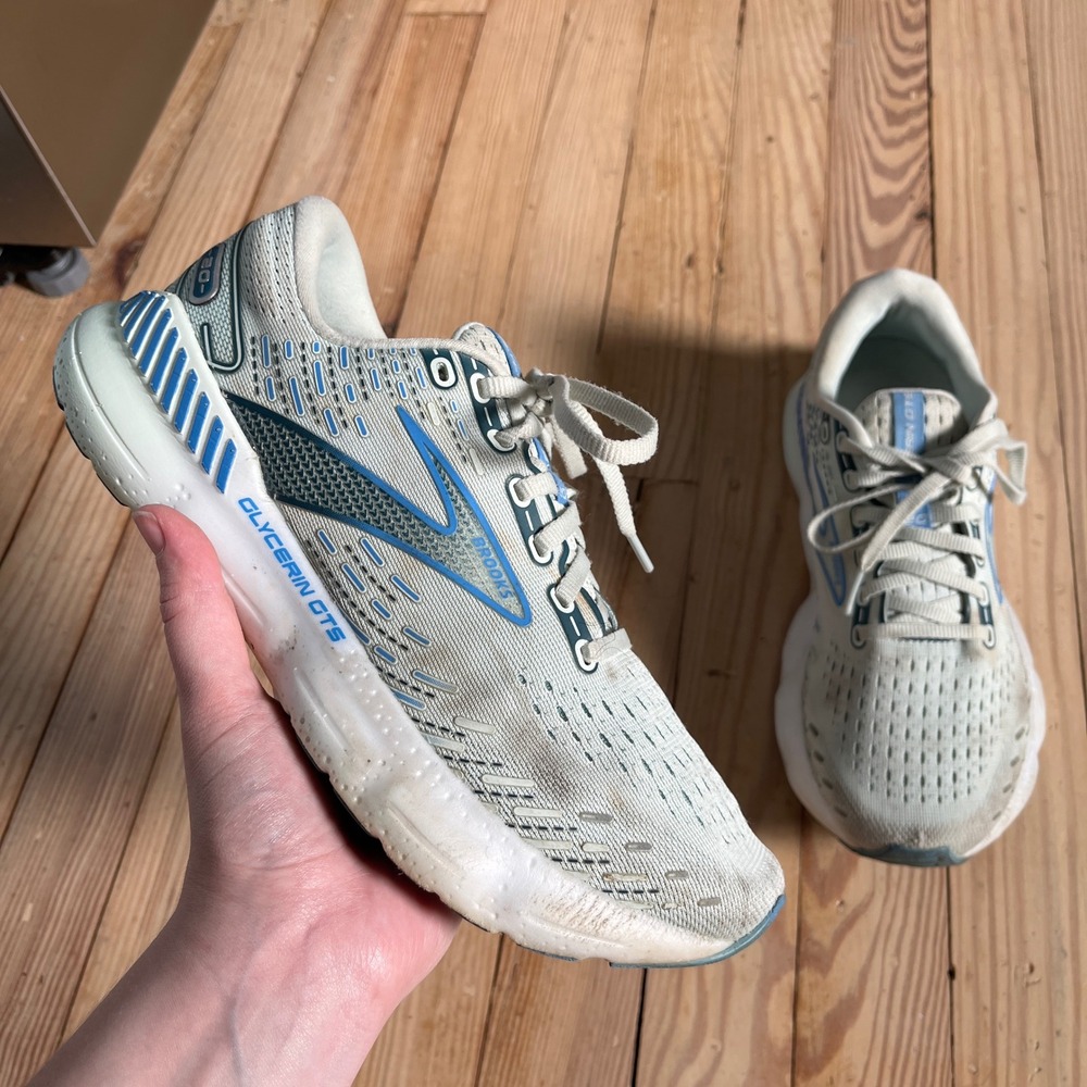 Brooks Glycerin GTS 20 Running Shoes Womens 9 White Blue Stability Trainers